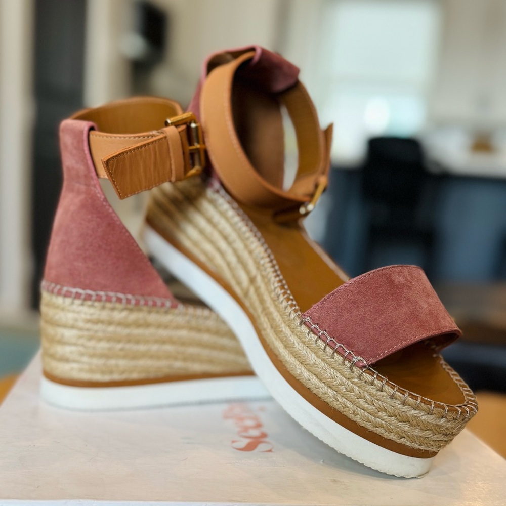 SEE BY CHLOE GLYN PLATFORM ESPADRILLE SANDALS PINK SUEDE & TAN LEATHER SIZE 42